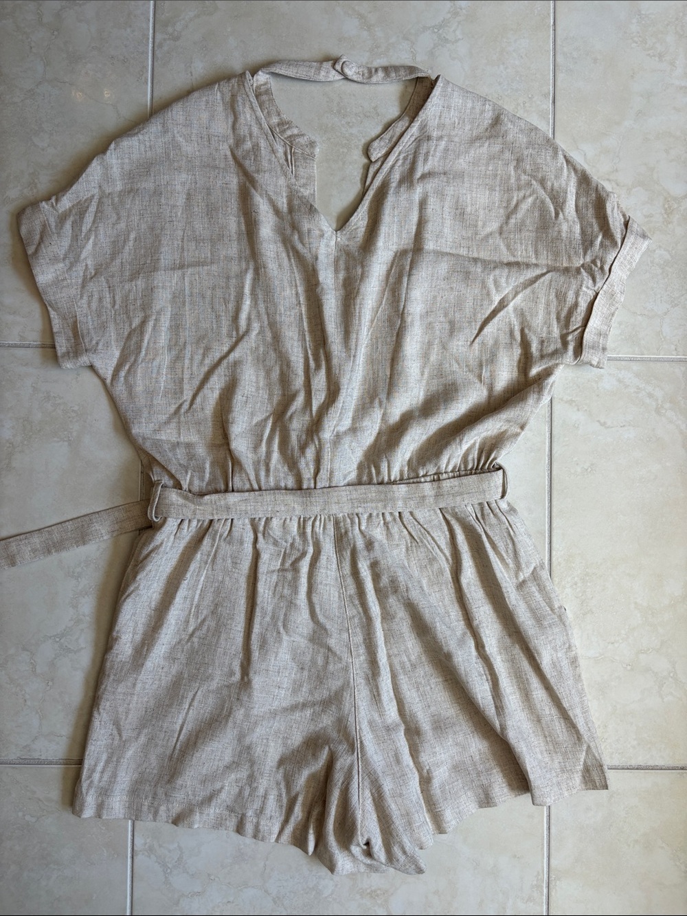 Heartloom Natural Beige Linen-Blend Belted Romper Medium - Picture 7 of 8